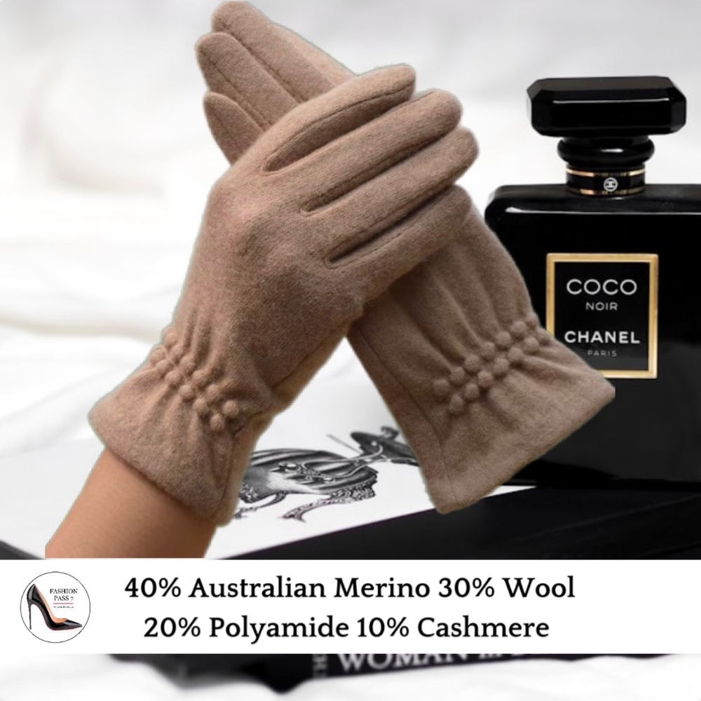 Luxury Beige Cashmere Merino Wool Blend Gloves Women Warm Winter Driving Mittens